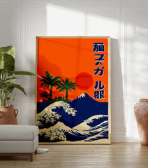Japanese poster with orange sky, red sun, green palm trees, blue Mount Fuji, and white and blue ocean waves. - Image 3