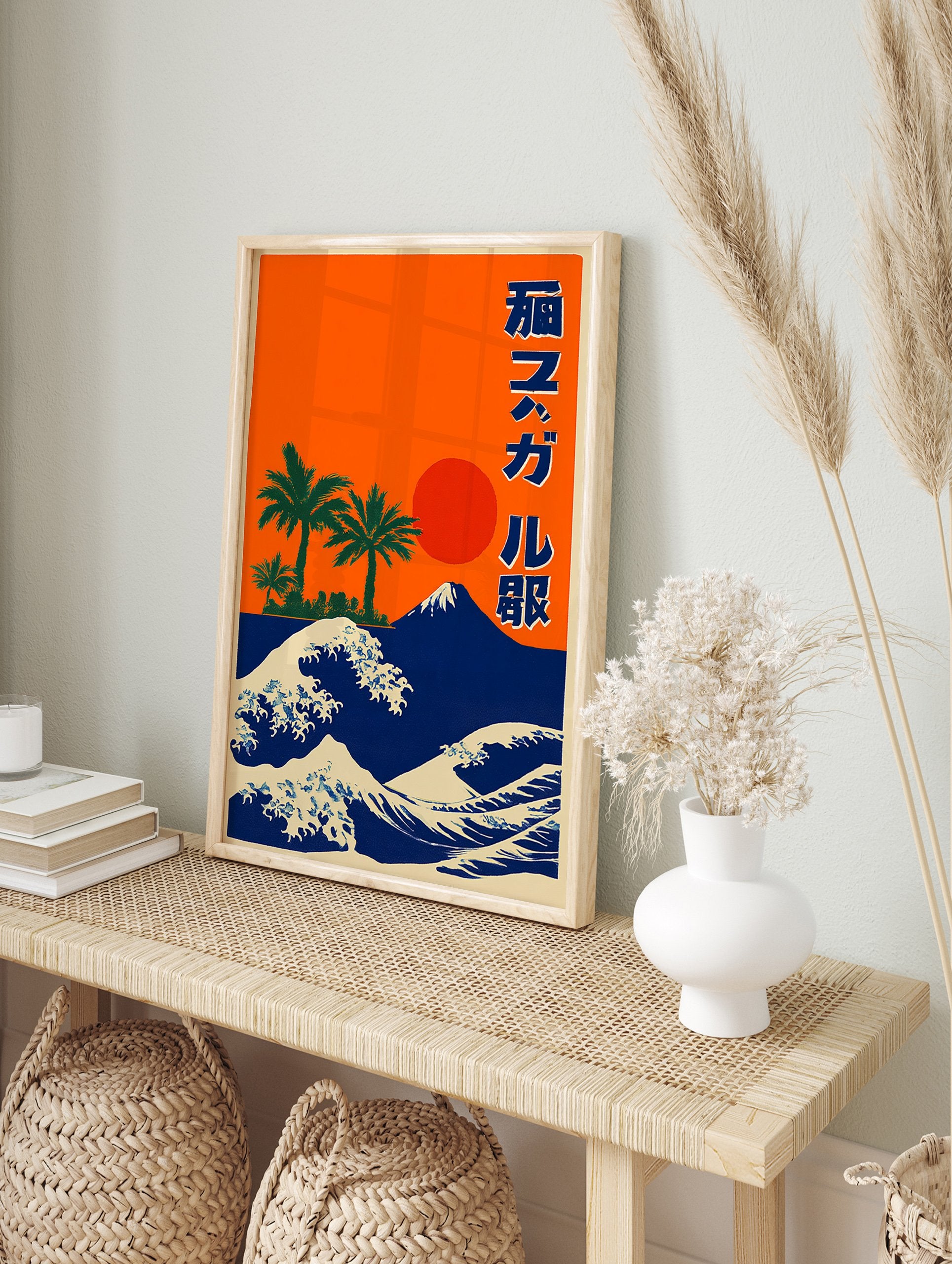 Japanese poster with orange sky, red sun, green palm trees, blue Mount Fuji, and white and blue ocean waves. - Image 4