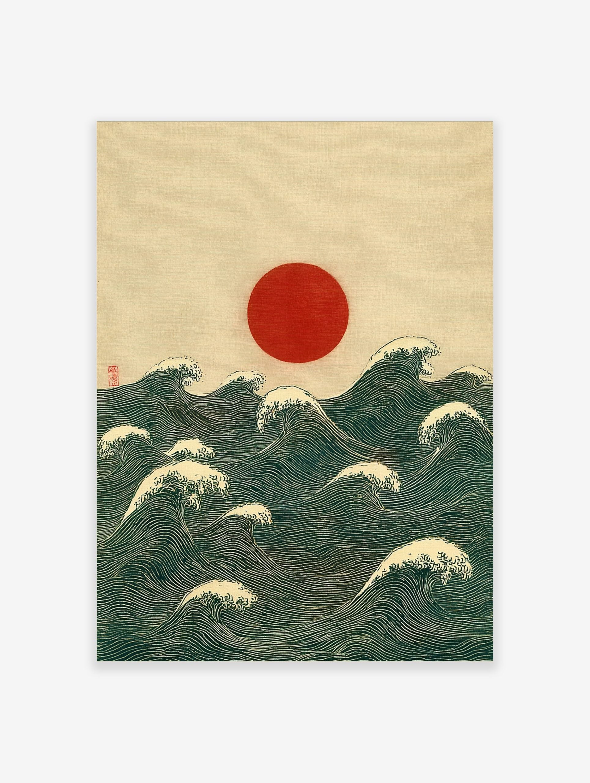 Red sun rising over deep blue-green ocean waves with white crests, Japanese woodblock style print