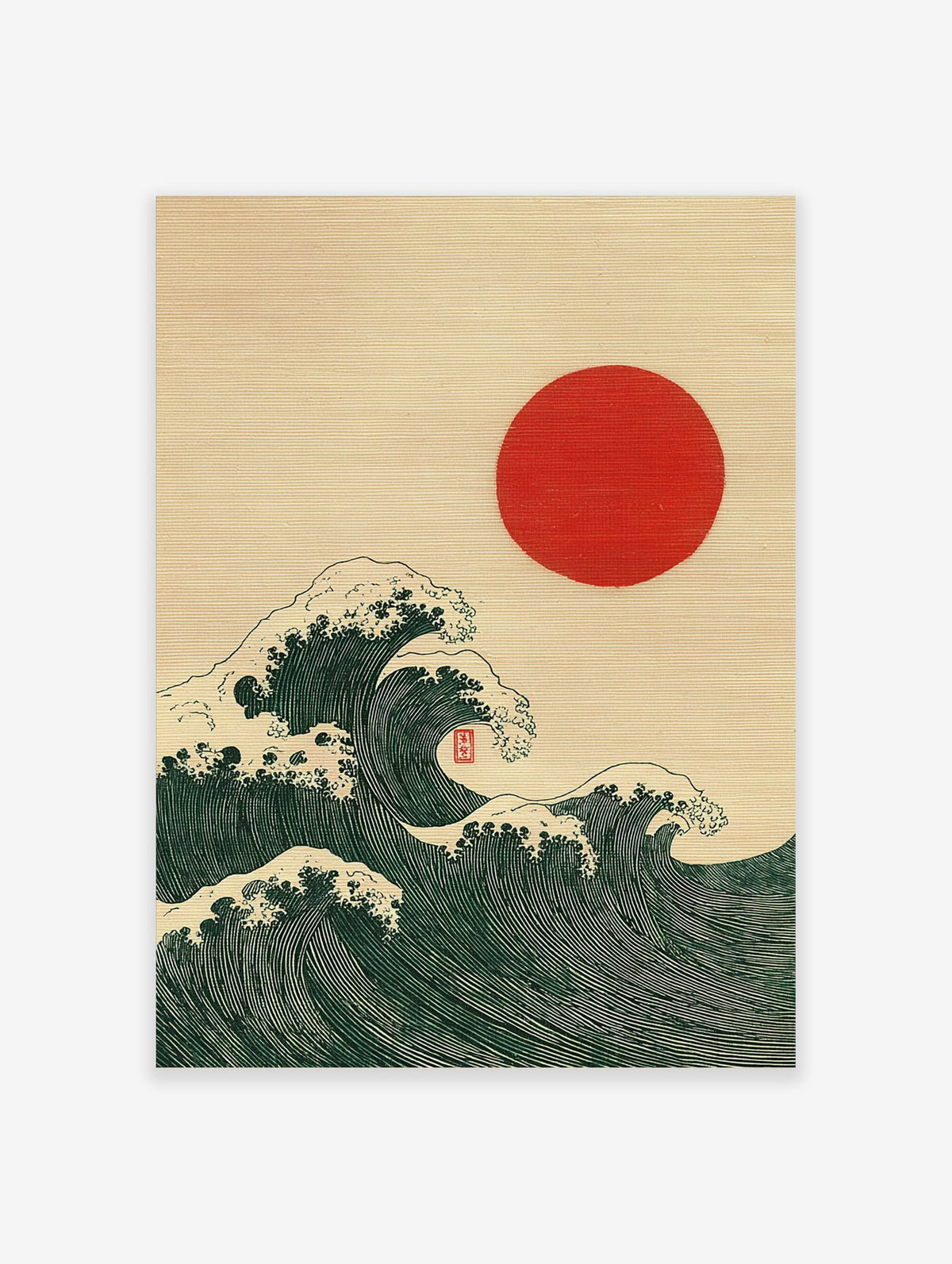 Japanese Ukiyo-e style art print of dark green ocean waves with white foam and a red sun