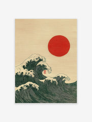 Japanese Ukiyo-e style art print of dark green ocean waves with white foam and a red sun