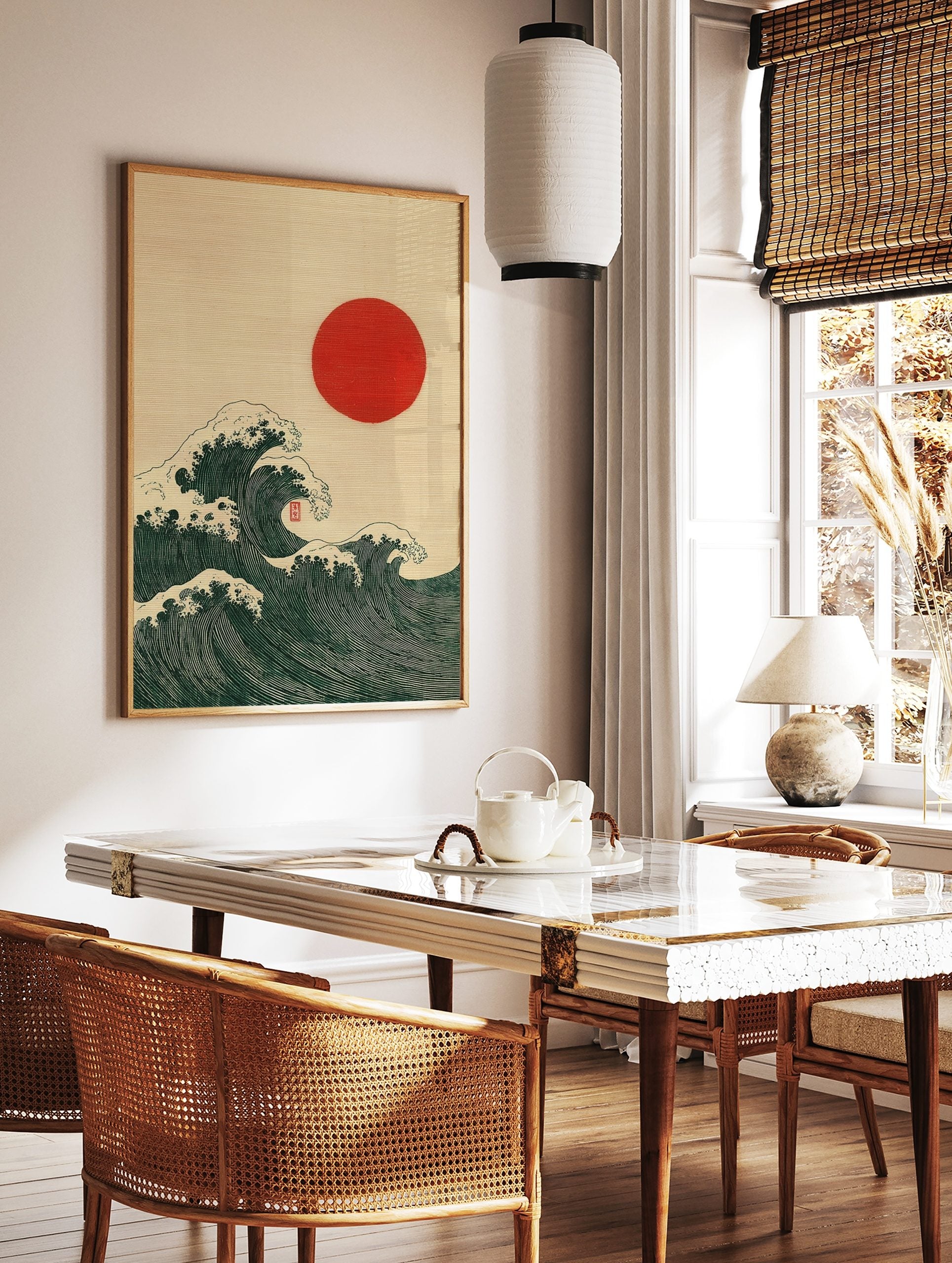 Japanese Ukiyo-e style art print of dark green ocean waves with white foam and a red sun, in a styled room mockup