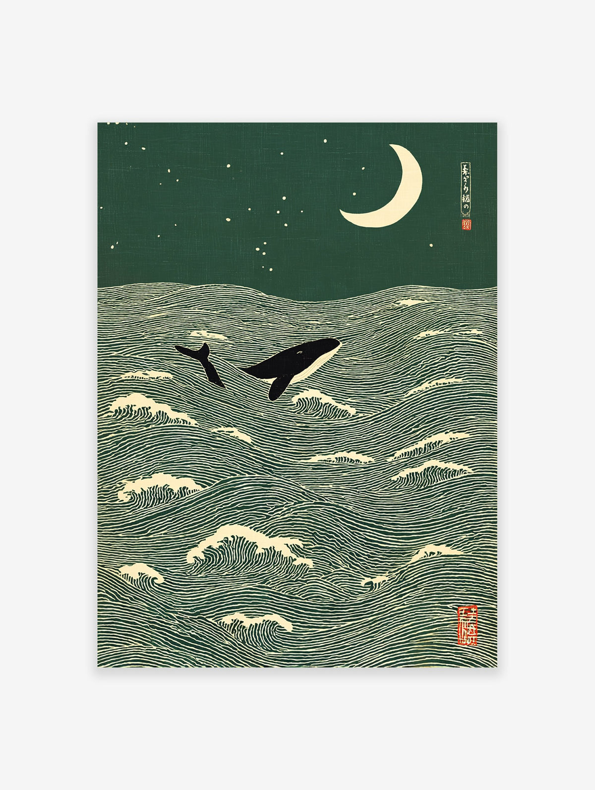 Japanese Ukiyo-e style art print of a whale jumping from green ocean waves under a cream crescent moon and stars.