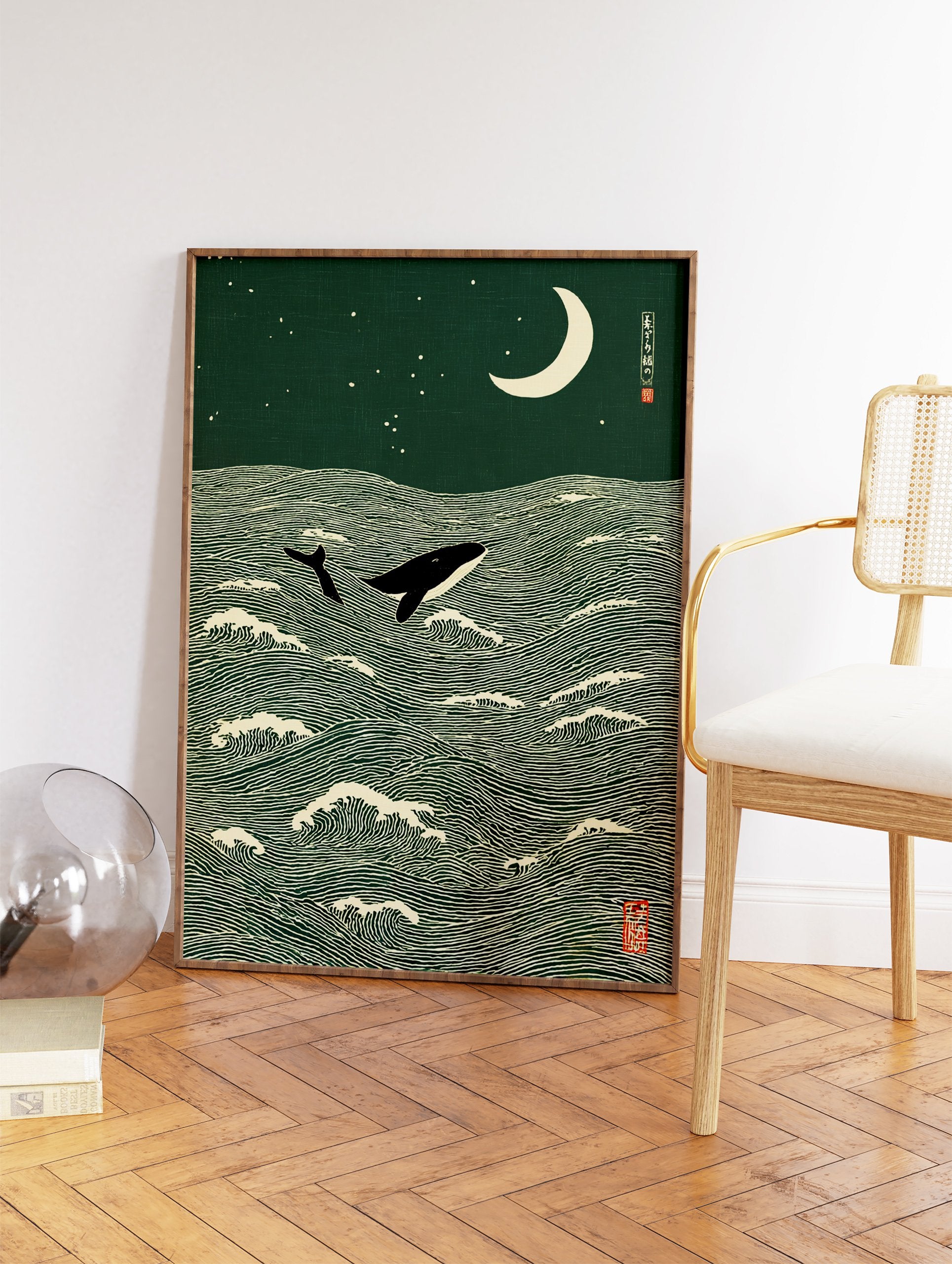 Japanese Ukiyo-e style art print of a whale jumping from green ocean waves under a cream crescent moon and stars. - Image 2