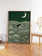 Japanese Ukiyo-e style art print of a whale jumping from green ocean waves under a cream crescent moon and stars. - Image 2