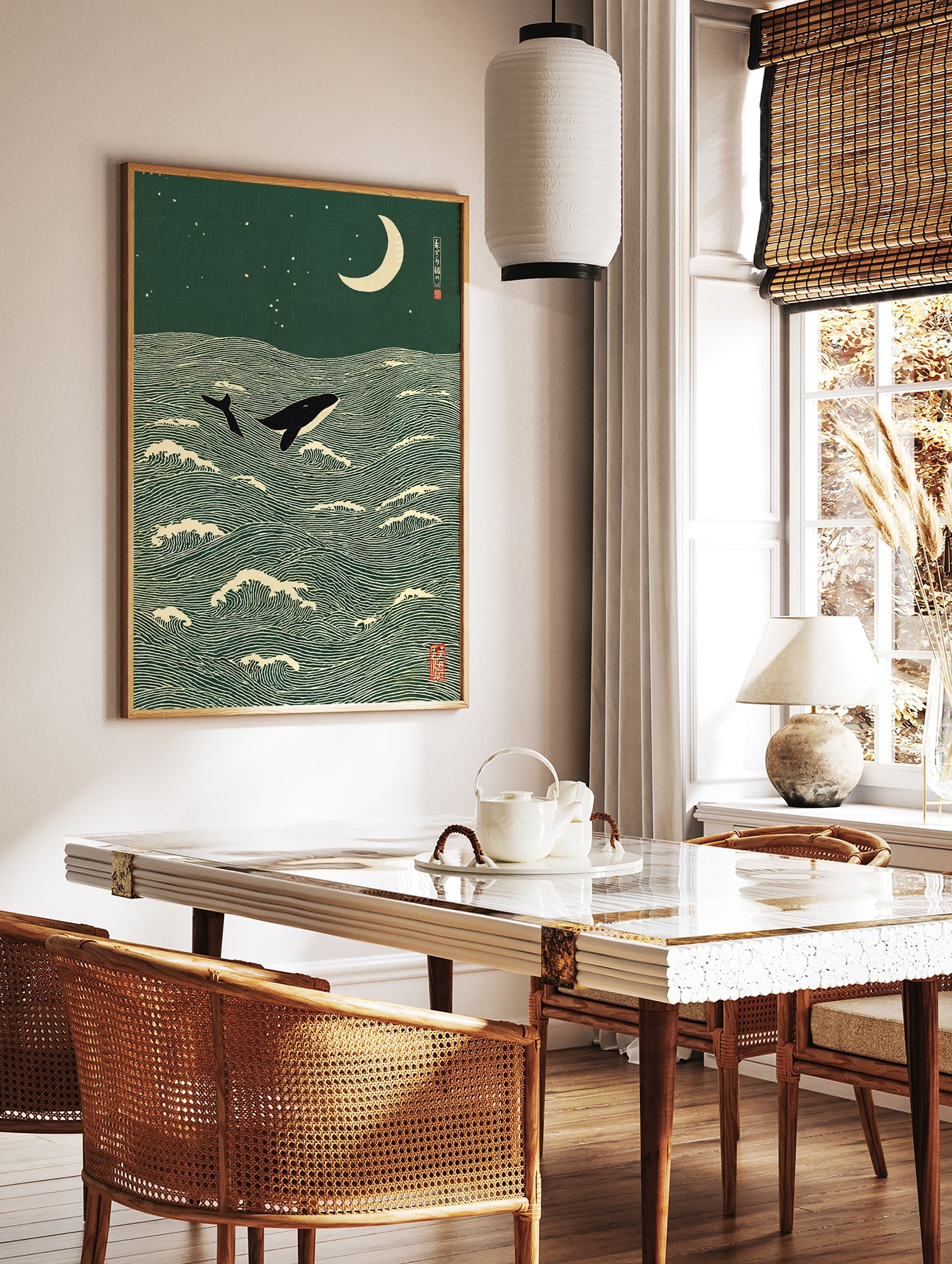 Japanese Ukiyo-e style art print of a whale jumping from green ocean waves under a cream crescent moon and stars. - Image 3