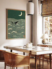 Japanese Ukiyo-e style art print of a whale jumping from green ocean waves under a cream crescent moon and stars. - Image 3