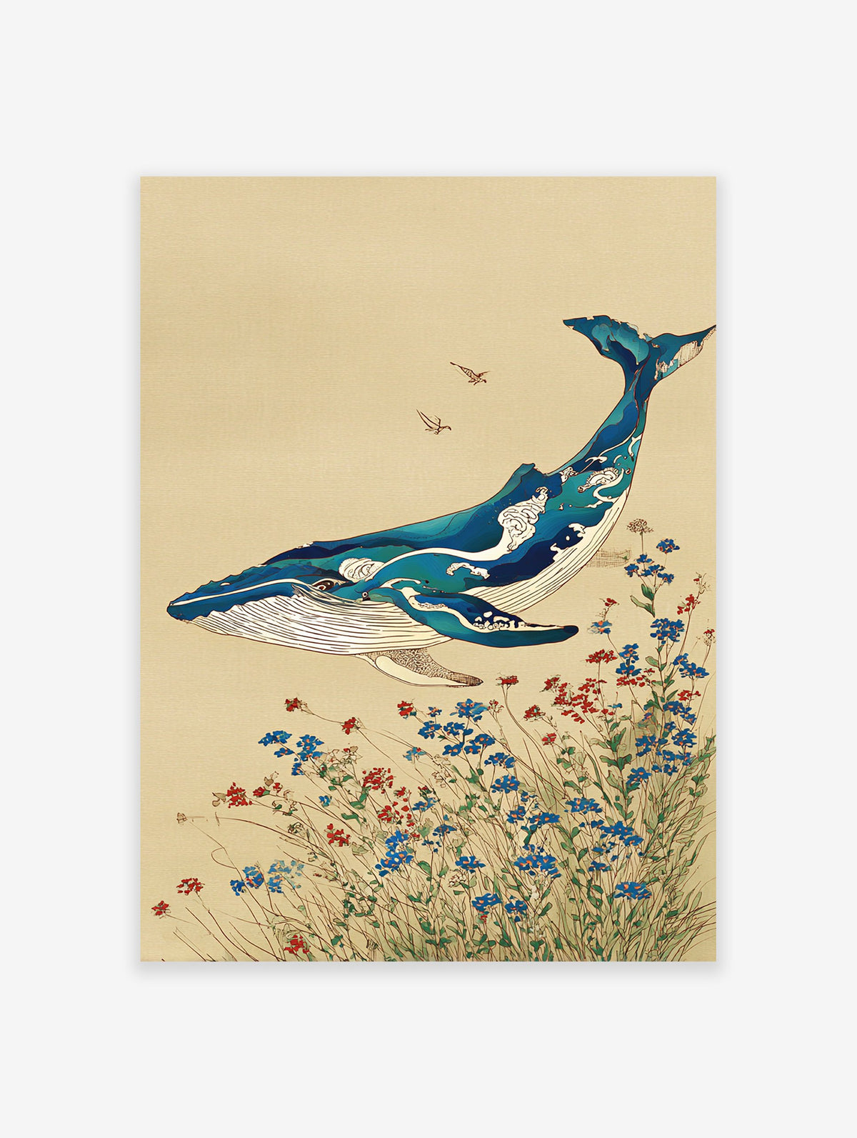 Ukiyo-e style Japanese Whale Art print with a blue whale, ocean waves, and red and blue wildflowers on a beige background.