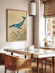 Ukiyo-e style Japanese Whale Art print with a blue whale, ocean waves, and red and blue wildflowers on a beige background. - Image 2