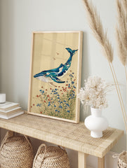 Ukiyo-e style Japanese Whale Art print with a blue whale, ocean waves, and red and blue wildflowers on a beige background. - Image 3