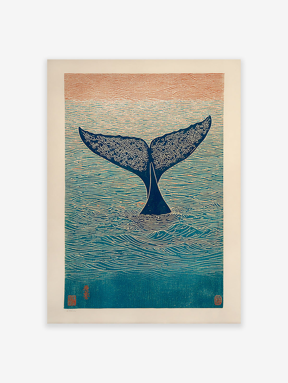 Japanese woodblock style art print of a whale tail in blue and orange ocean with textured waves and sky.