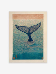 Japanese woodblock style art print of a whale tail in blue and orange ocean with textured waves and sky.