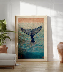 Japanese woodblock style art print of a whale tail in blue and orange ocean with textured waves and sky. - Image 3