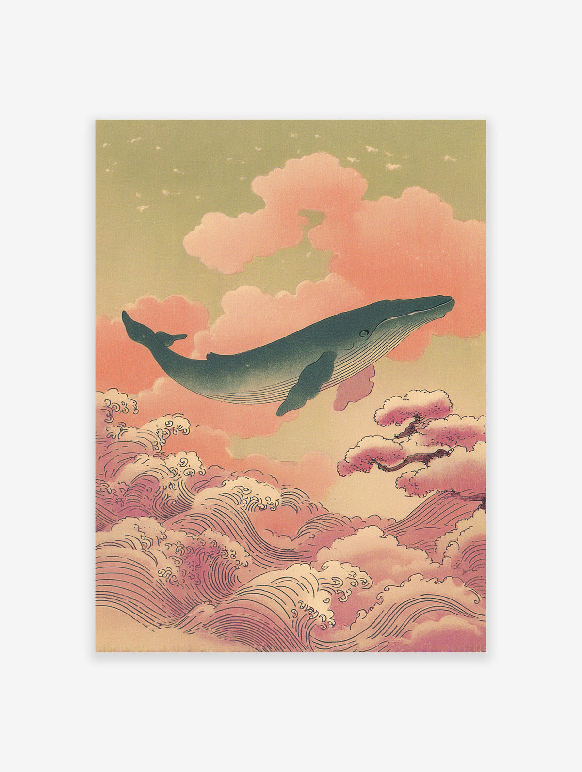 Japanese Ukiyo-e style wall art featuring a blue whale flying above pink clouds and ocean waves under a green sky.