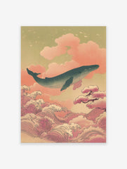 Japanese Ukiyo-e style wall art featuring a blue whale flying above pink clouds and ocean waves under a green sky.