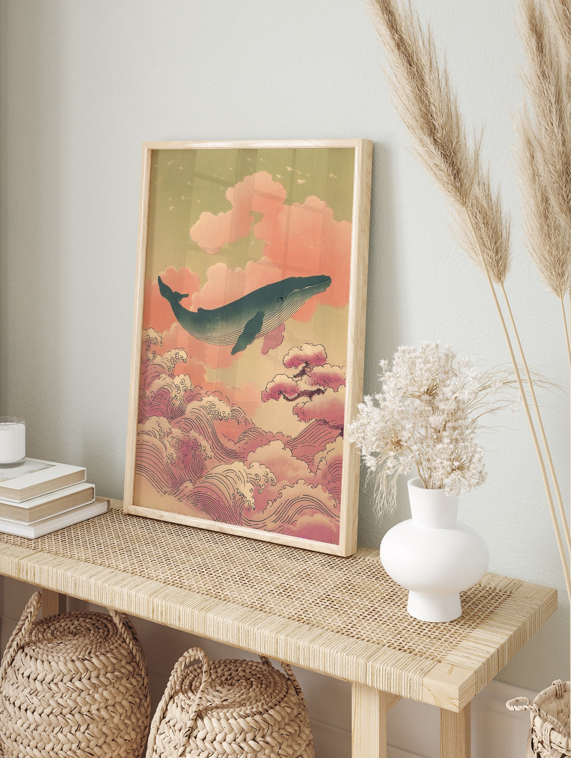 Japanese Ukiyo-e style wall art featuring a blue whale flying above pink clouds and ocean waves under a green sky. - Image 3
