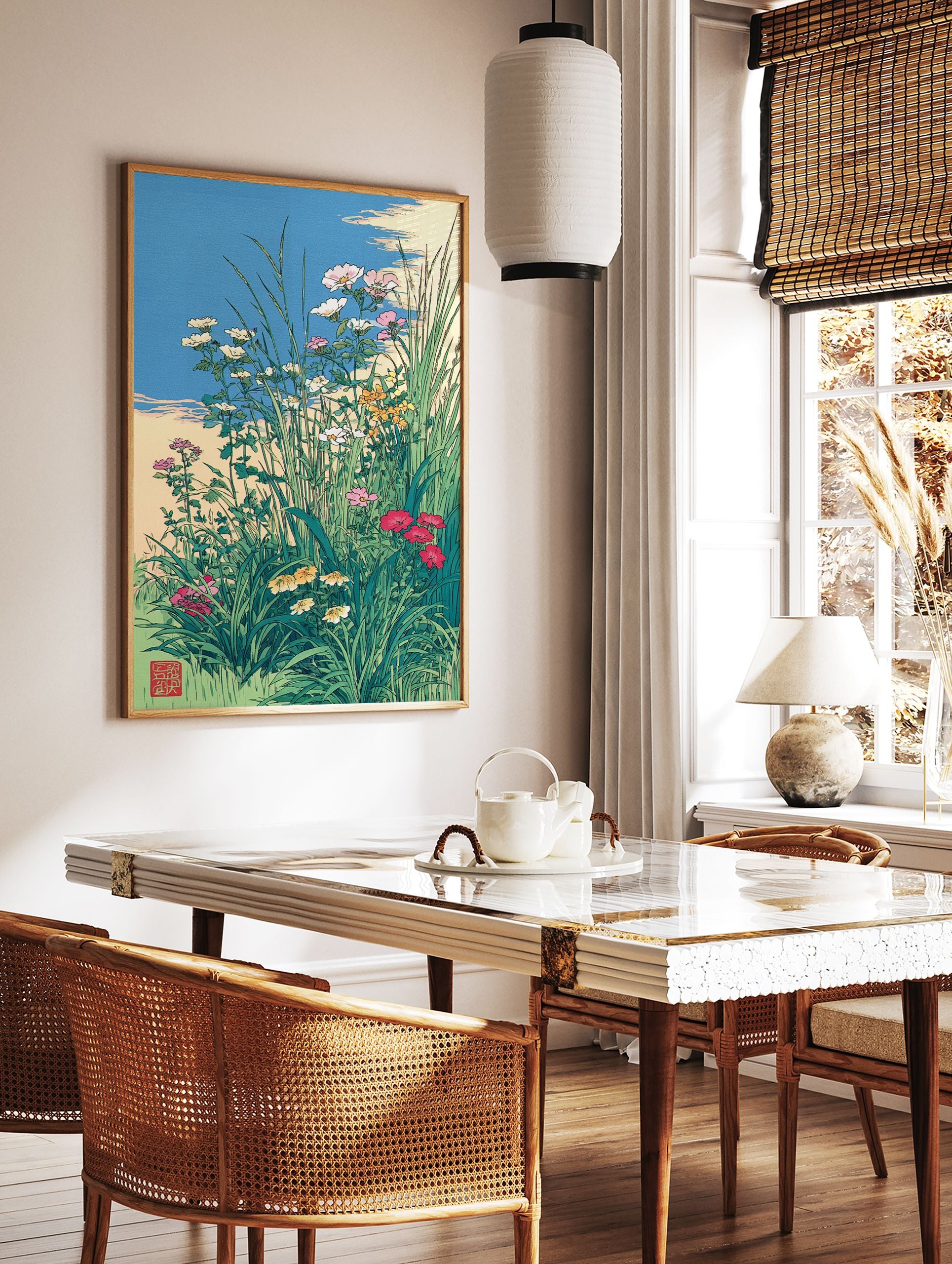 Japanese wildflower art print with green grass, various colored flowers (pink, white, yellow, red), and a blue sky. - Image 2