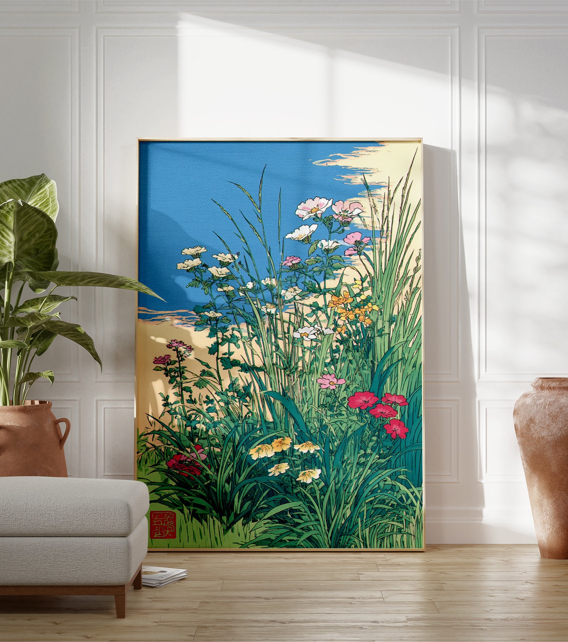 Japanese wildflower art print with green grass, various colored flowers (pink, white, yellow, red), and a blue sky. - Image 3