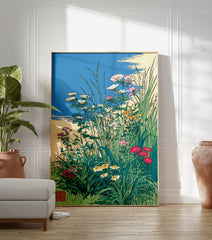 Japanese wildflower art print with green grass, various colored flowers (pink, white, yellow, red), and a blue sky. - Image 3