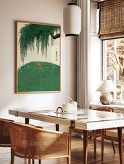 Japanese Willow Poster depicting a green weeping willow branch over rippling green water with a central orange circle in a traditional style. - Image 2