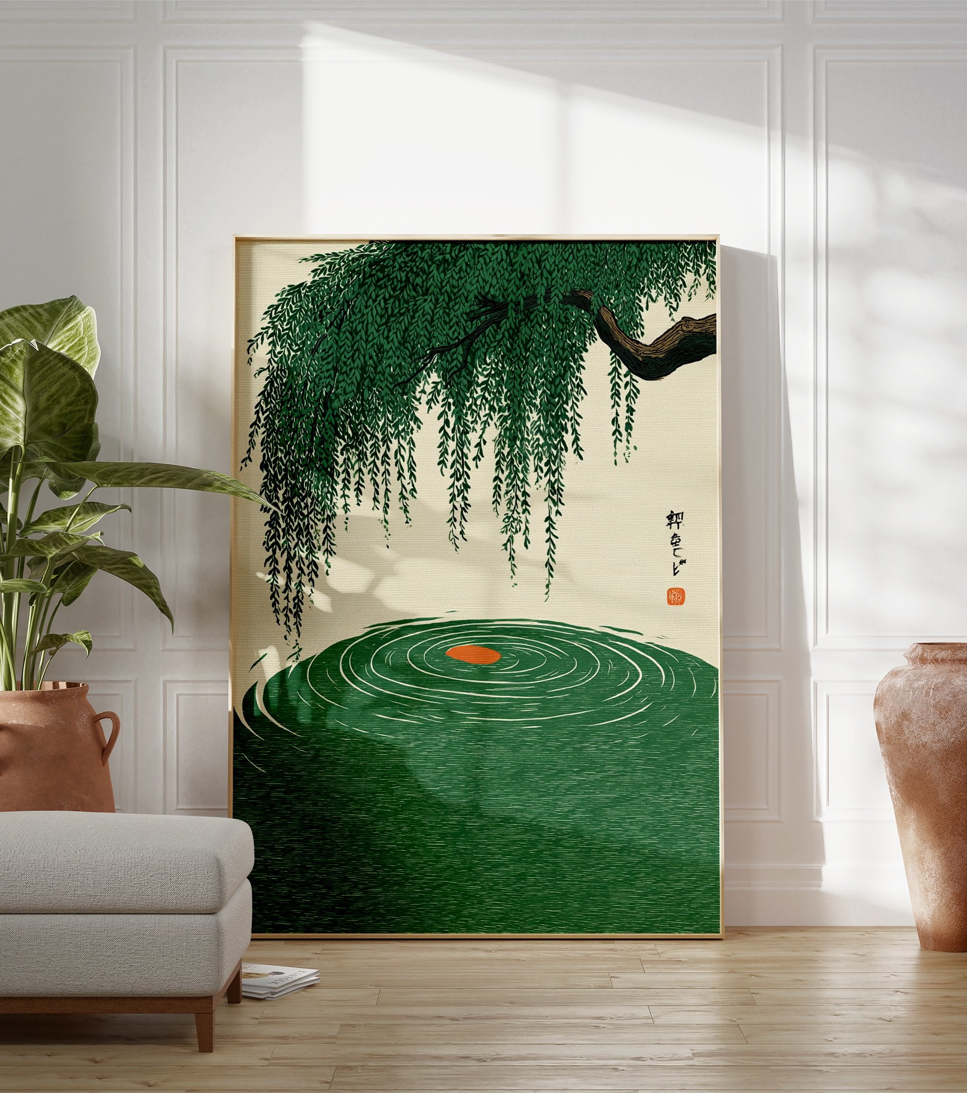 Japanese Willow Poster depicting a green weeping willow branch over rippling green water with a central orange circle in a traditional style. - Image 3
