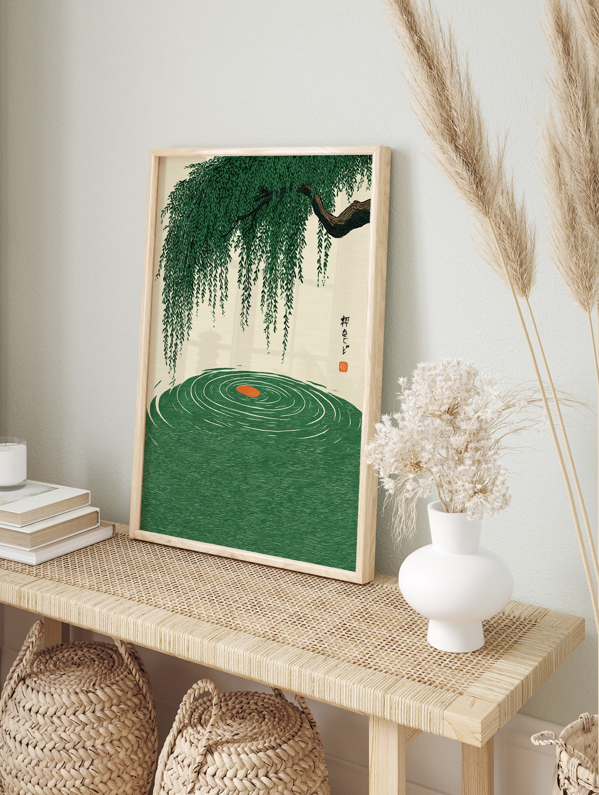 Japanese Willow Poster depicting a green weeping willow branch over rippling green water with a central orange circle in a traditional style. - Image 4