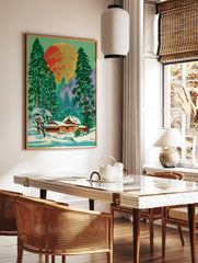 Japanese winter landscape art with snow-covered temple, green pine trees, and a large red and gold, in a styled room mockup