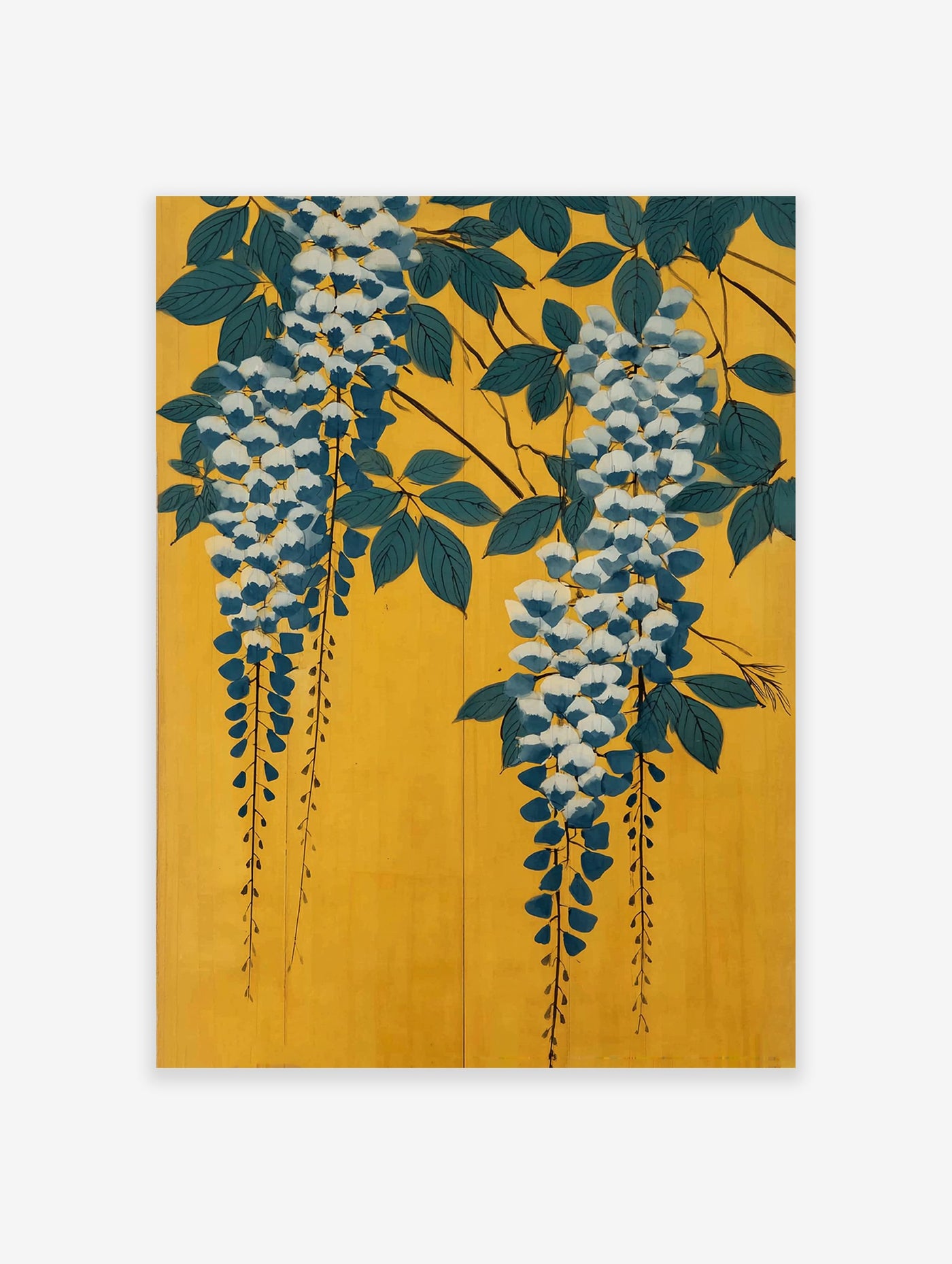 Japanese Wisteria poster with blue and white flowers, green leaves, and dark branches on a vibrant yellow background.