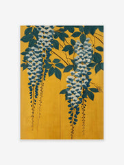 Japanese Wisteria poster with blue and white flowers, green leaves, and dark branches on a vibrant yellow background.
