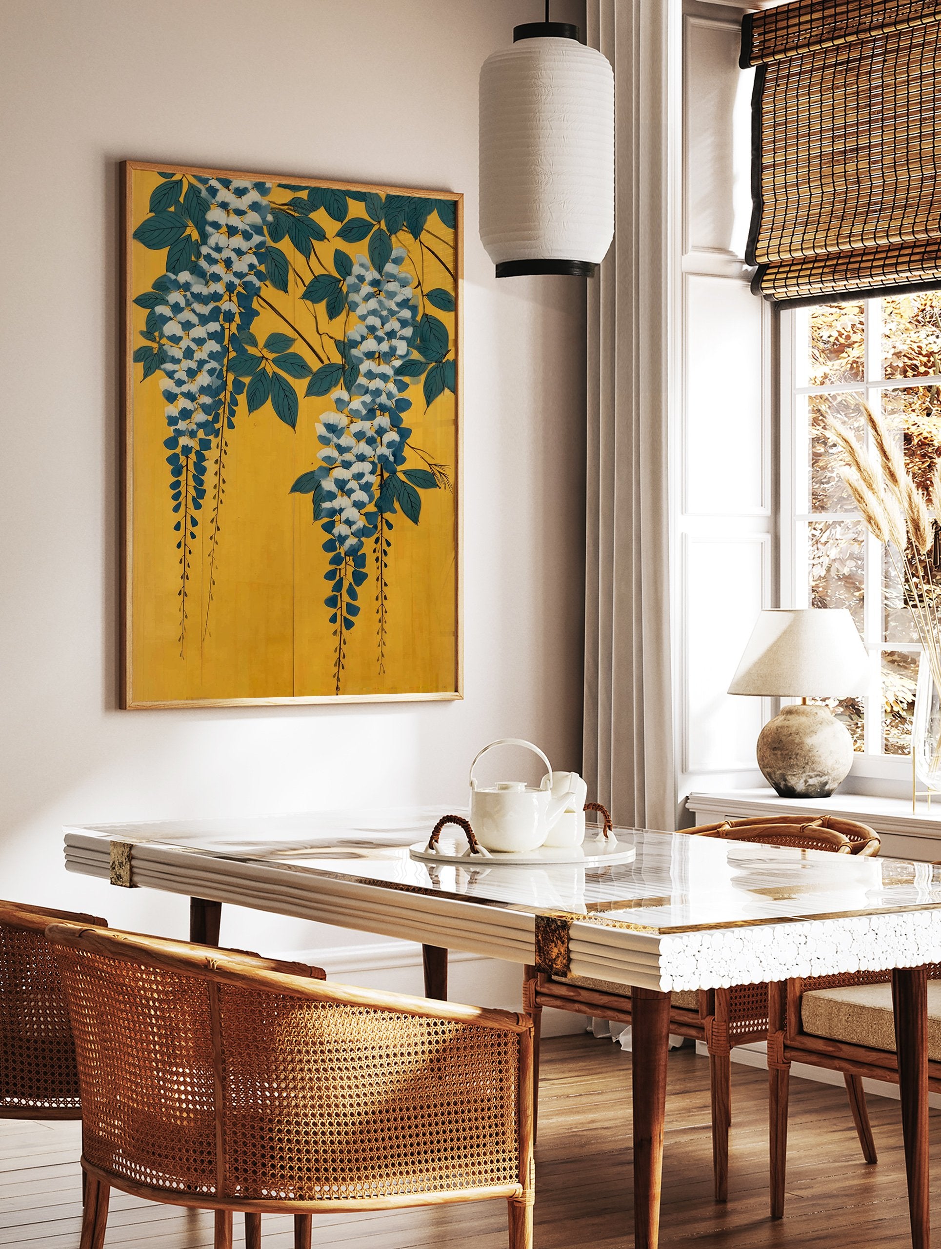 Japanese Wisteria poster with blue and white flowers, green leaves, and dark branches on a vibrant yellow background. - Image 2
