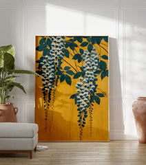 Japanese Wisteria poster with blue and white flowers, green leaves, and dark branches on a vibrant yellow background. - Image 3