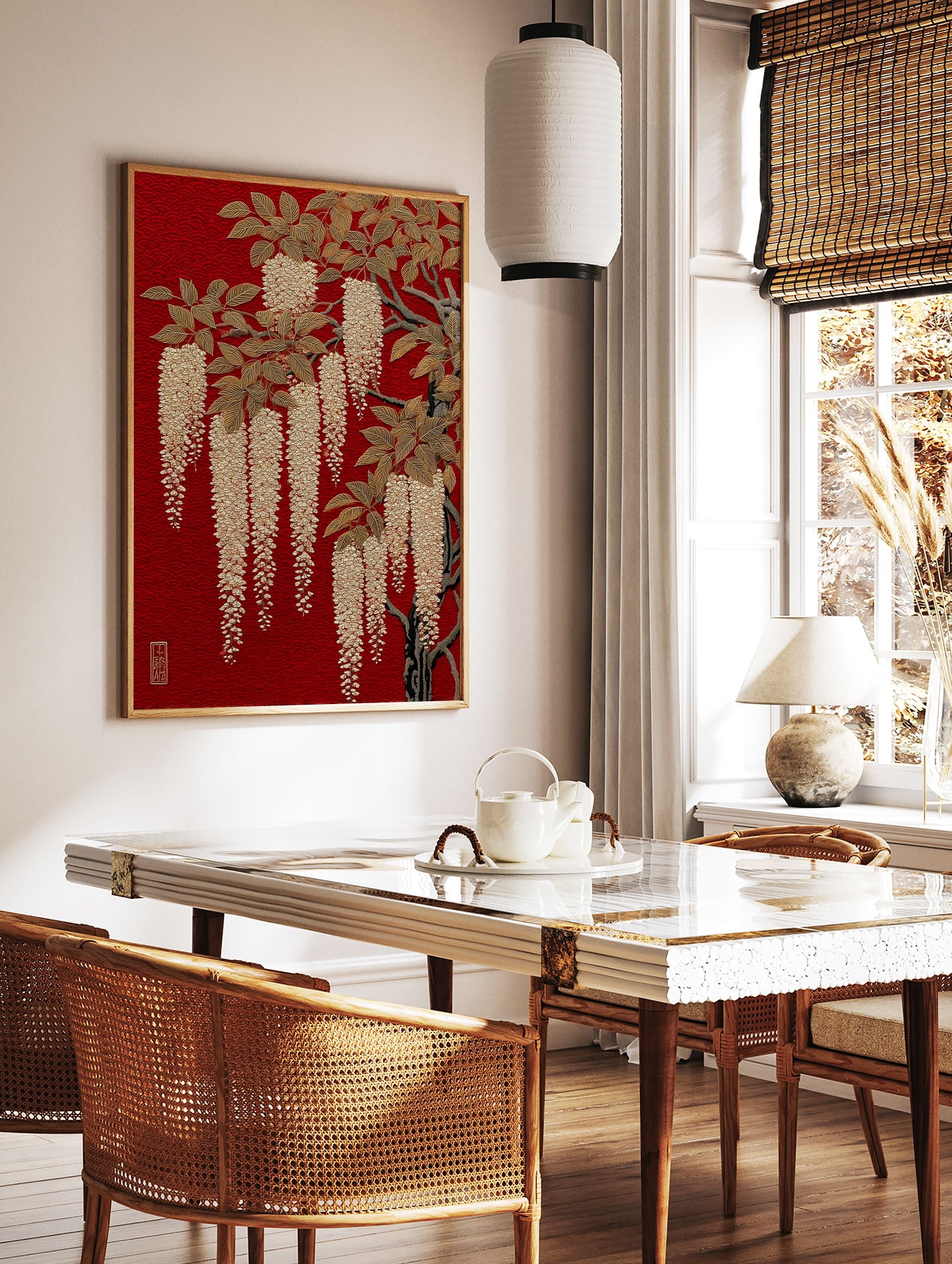 Japanese Wisteria poster featuring golden flowers and leaves on a vibrant red background with a subtle wave pattern. - Image 2