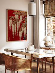 Japanese Wisteria poster featuring golden flowers and leaves on a vibrant red background with a subtle wave pattern. - Image 2