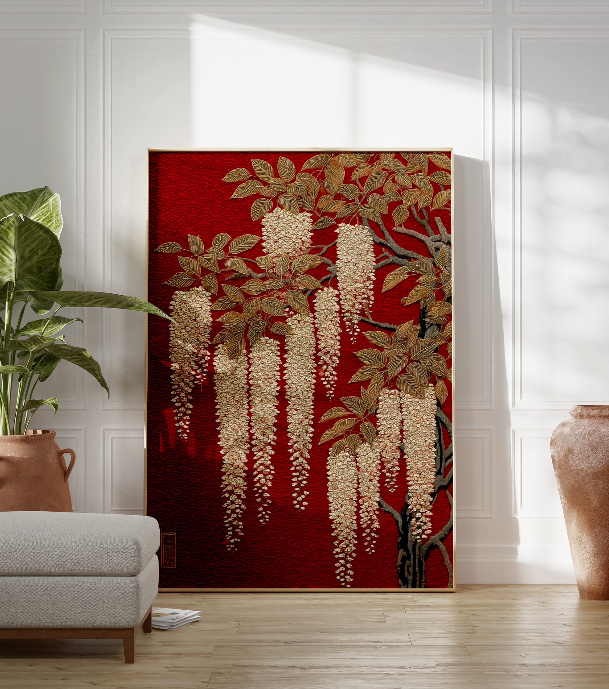 Japanese Wisteria poster featuring golden flowers and leaves on a vibrant red background with a subtle wave pattern. - Image 3