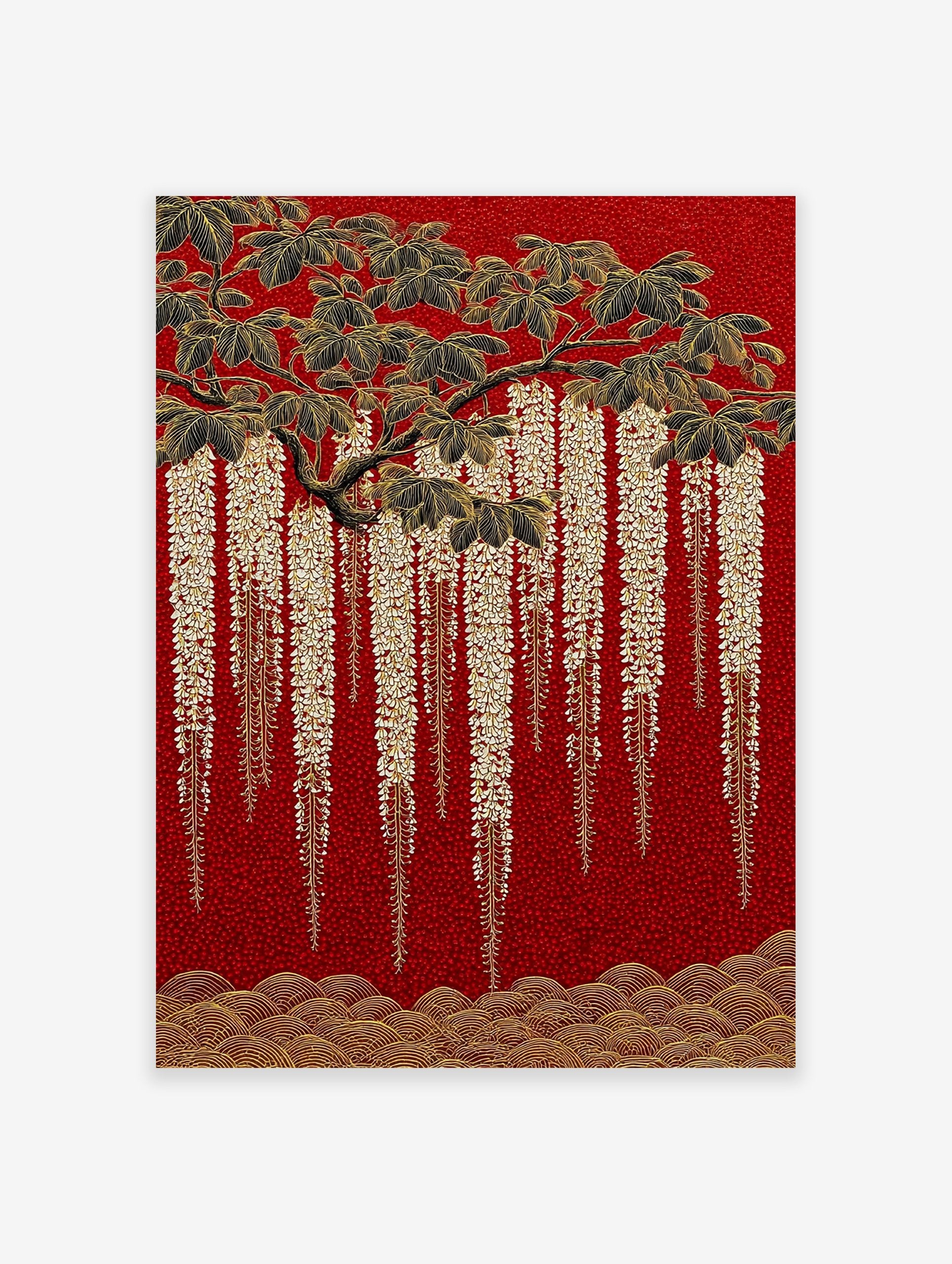 Japanese Wisteria poster with gold flowers and black leaves on a textured red background and gold waves.