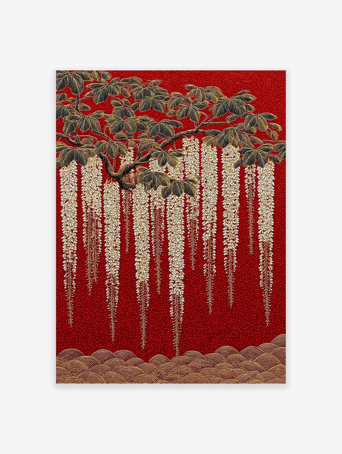 Japanese Wisteria poster with gold flowers and black leaves on a textured red background and gold waves.