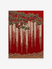 Japanese Wisteria poster with gold flowers and black leaves on a textured red background and gold waves.