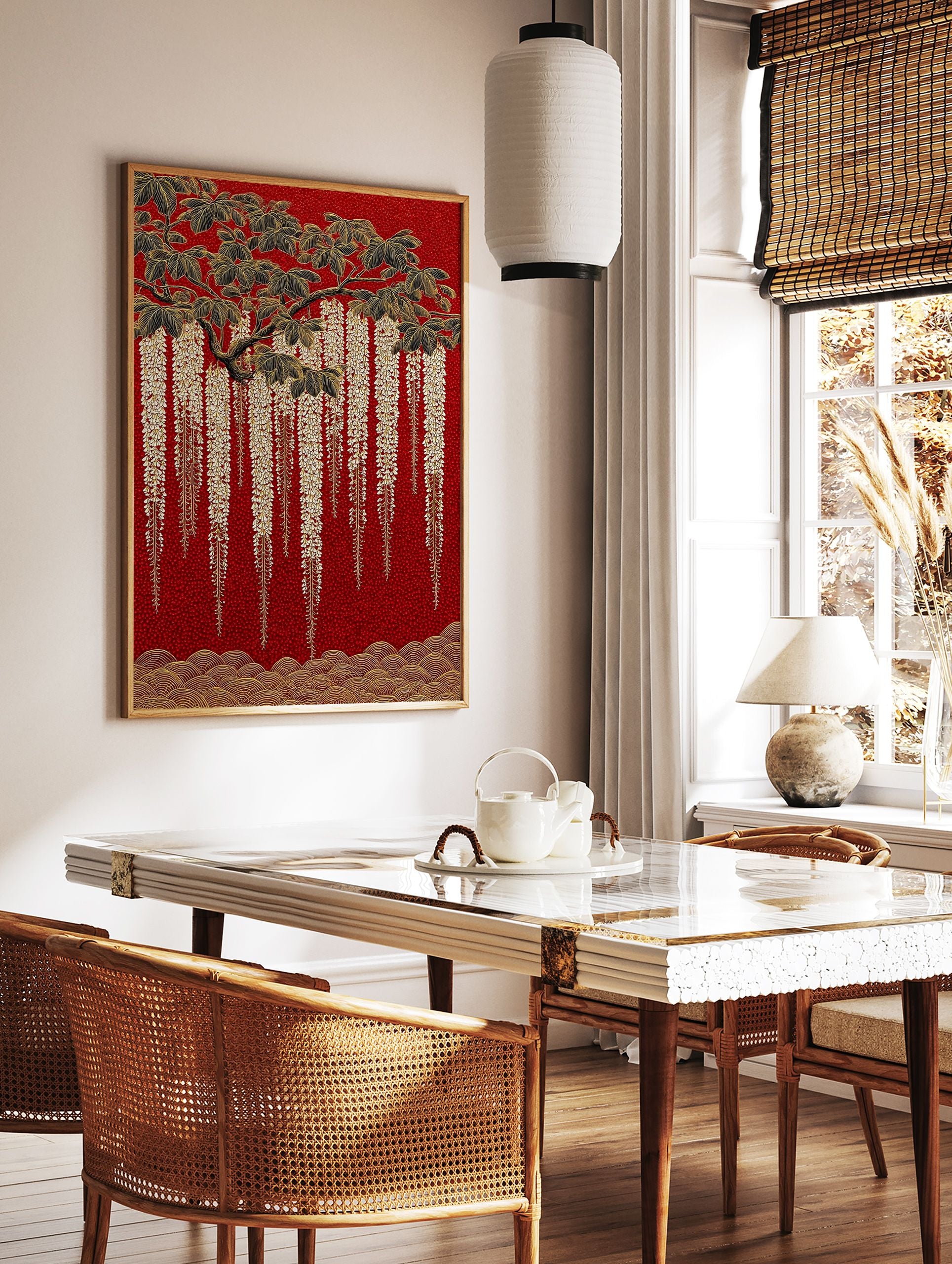 Japanese Wisteria poster with gold flowers and black leaves on a textured red background and gold waves. - Image 2