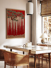 Japanese Wisteria poster with gold flowers and black leaves on a textured red background and gold waves. - Image 2
