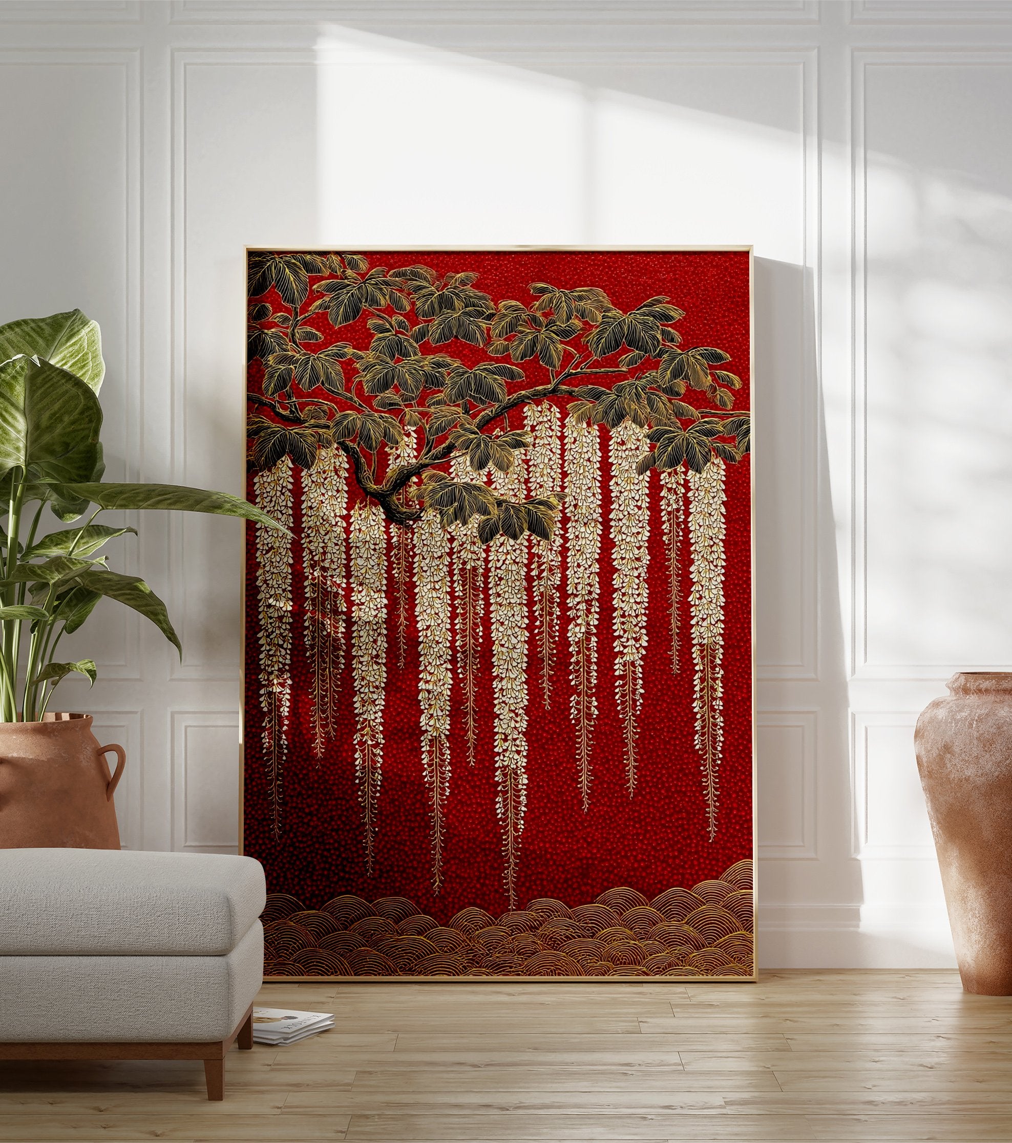 Japanese Wisteria poster with gold flowers and black leaves on a textured red background and gold waves. - Image 3