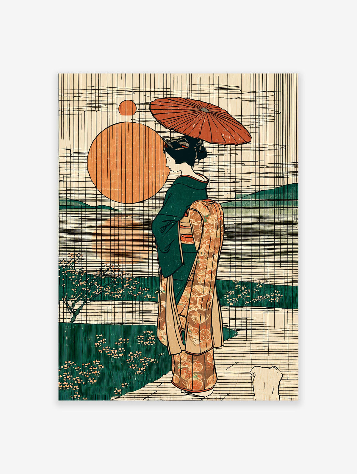Japanese woman poster in Ukiyo-e style, holding an umbrella, with large orange suns and green landscape.