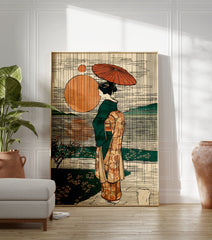 Japanese woman poster in Ukiyo-e style, holding an umbrella, with large orange suns and green landscape. - Image 3