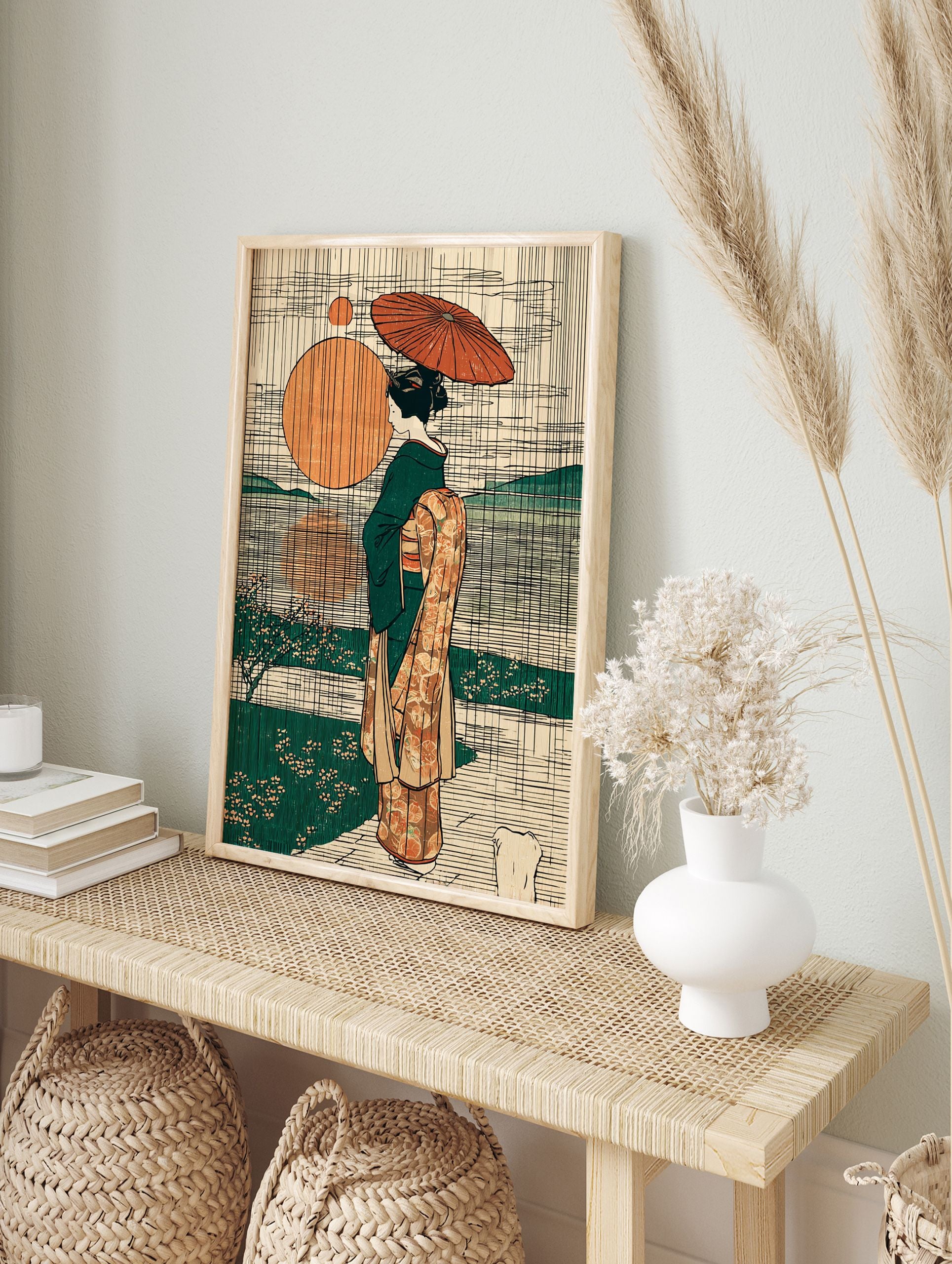 Japanese woman poster in Ukiyo-e style, holding an umbrella, with large orange suns and green landscape. - Image 4