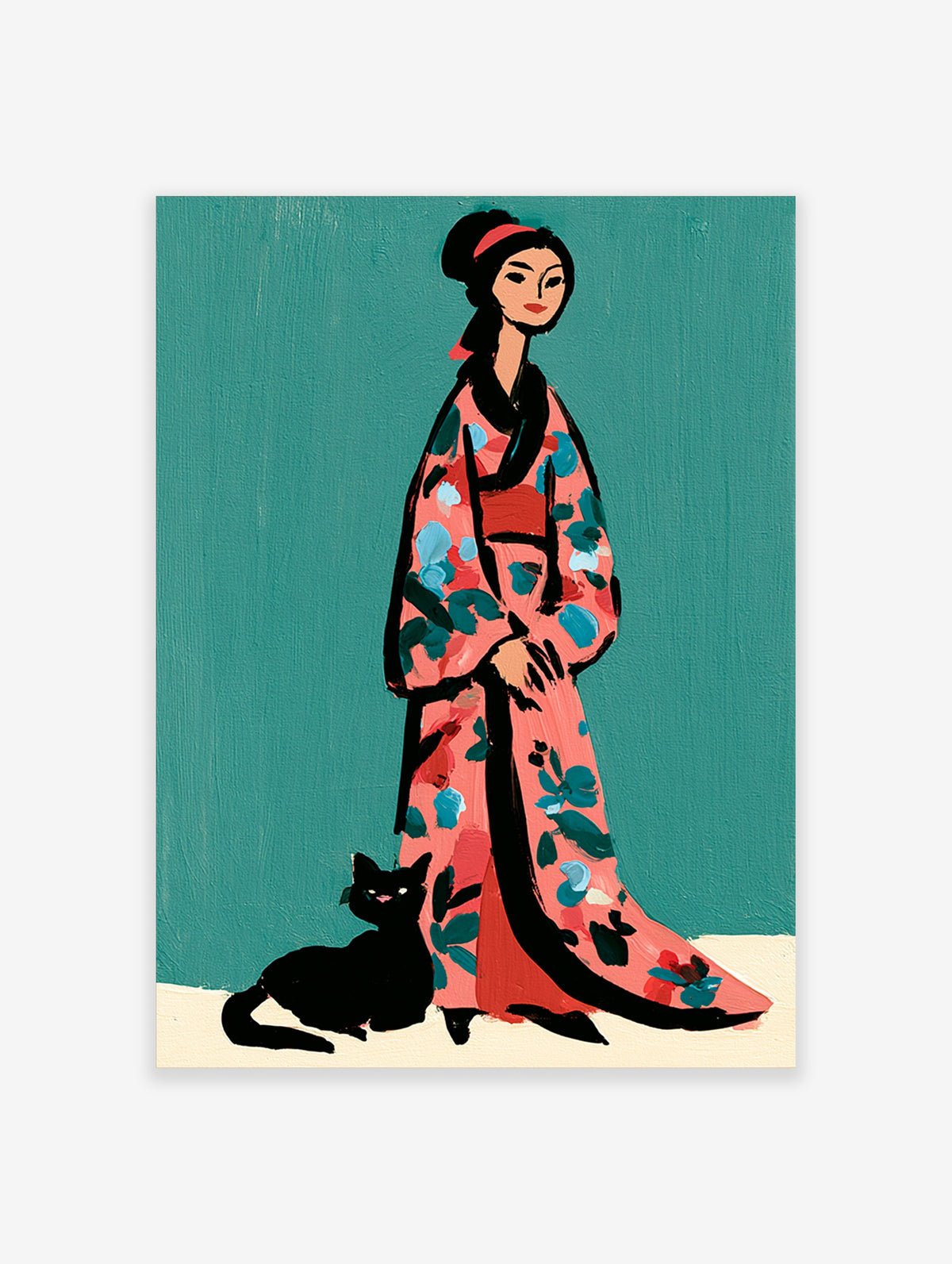 Japanese woman in pink floral kimono with black cat, teal background, illustrative art print