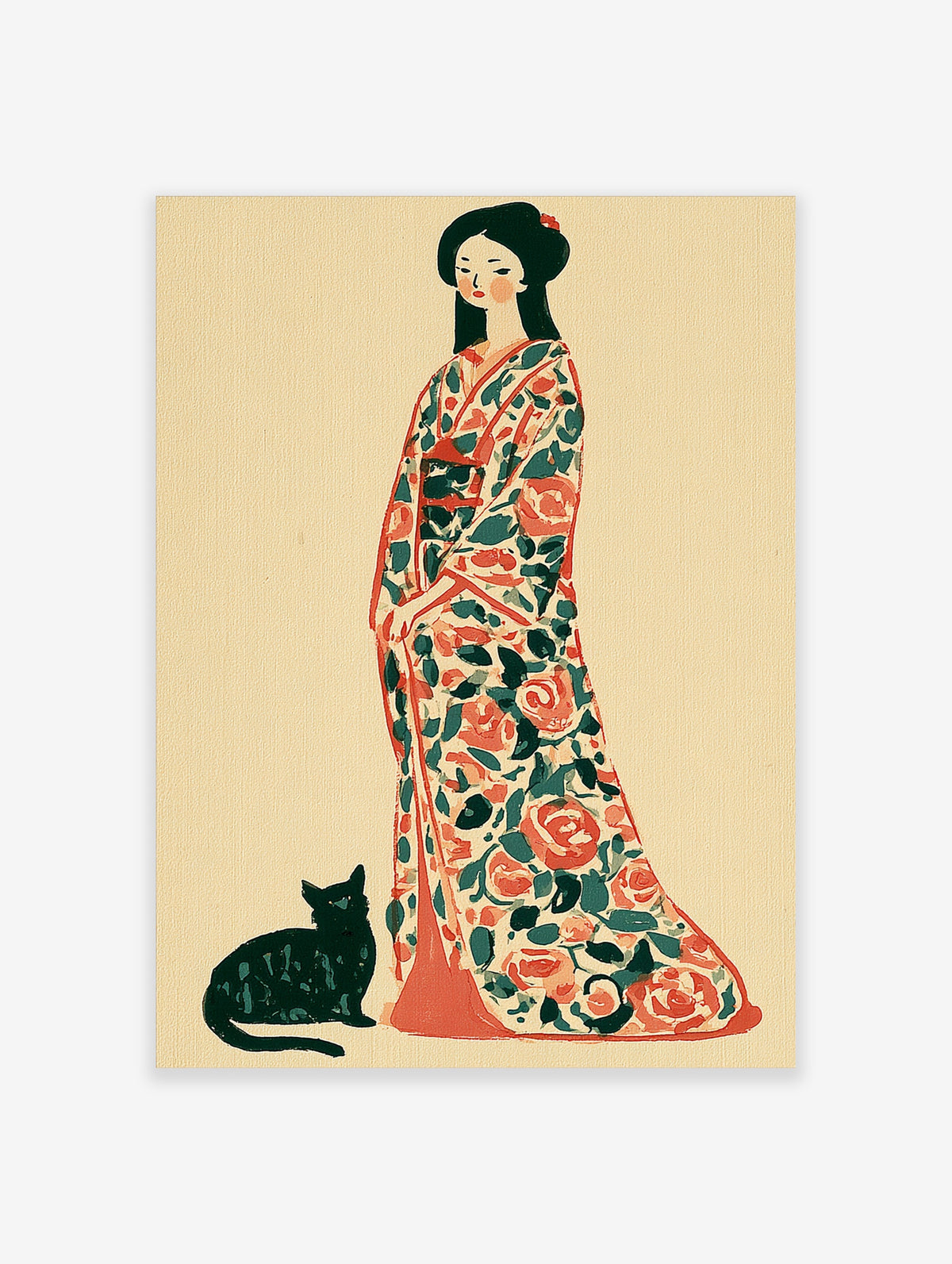 Illustration of a woman in a red and green floral kimono with a black cat, on a cream background