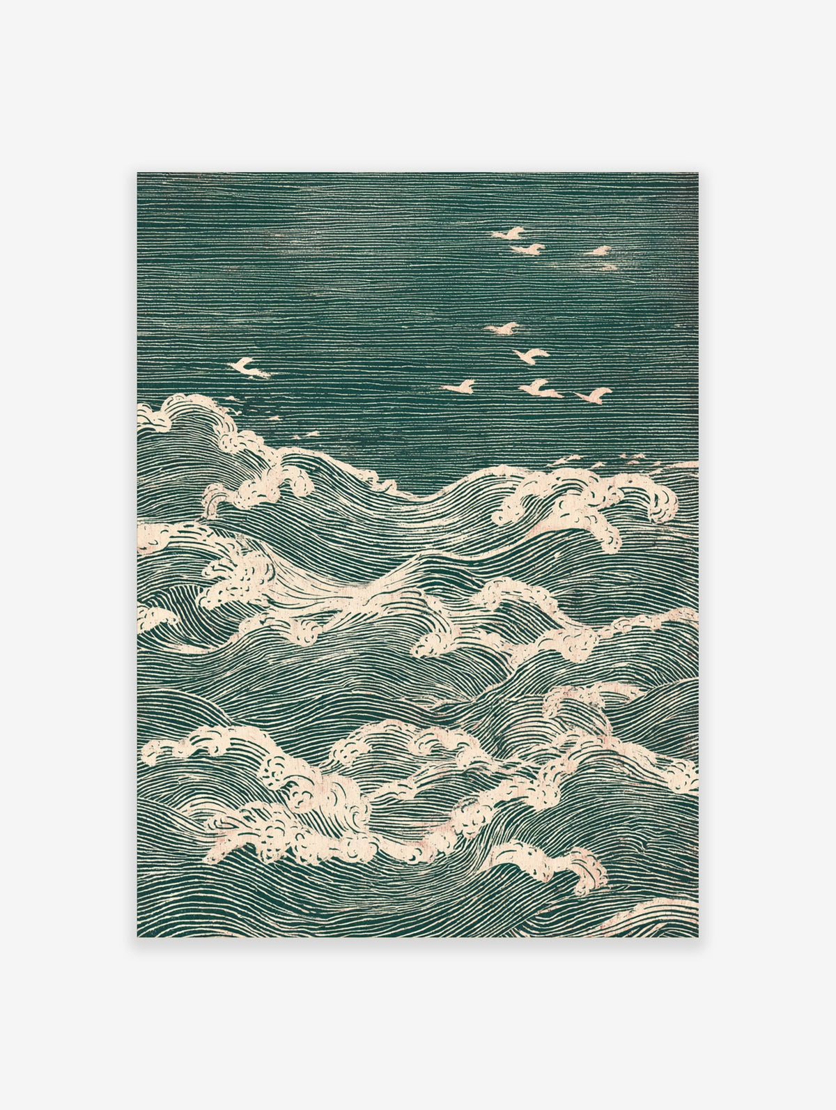 Japanese woodblock print of teal ocean waves with white foam and several white seagulls flying above