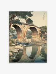 Japanese woodblock print of a stone arched bridge over a river with pine trees and reflections in traditional Ukiyo-e style.