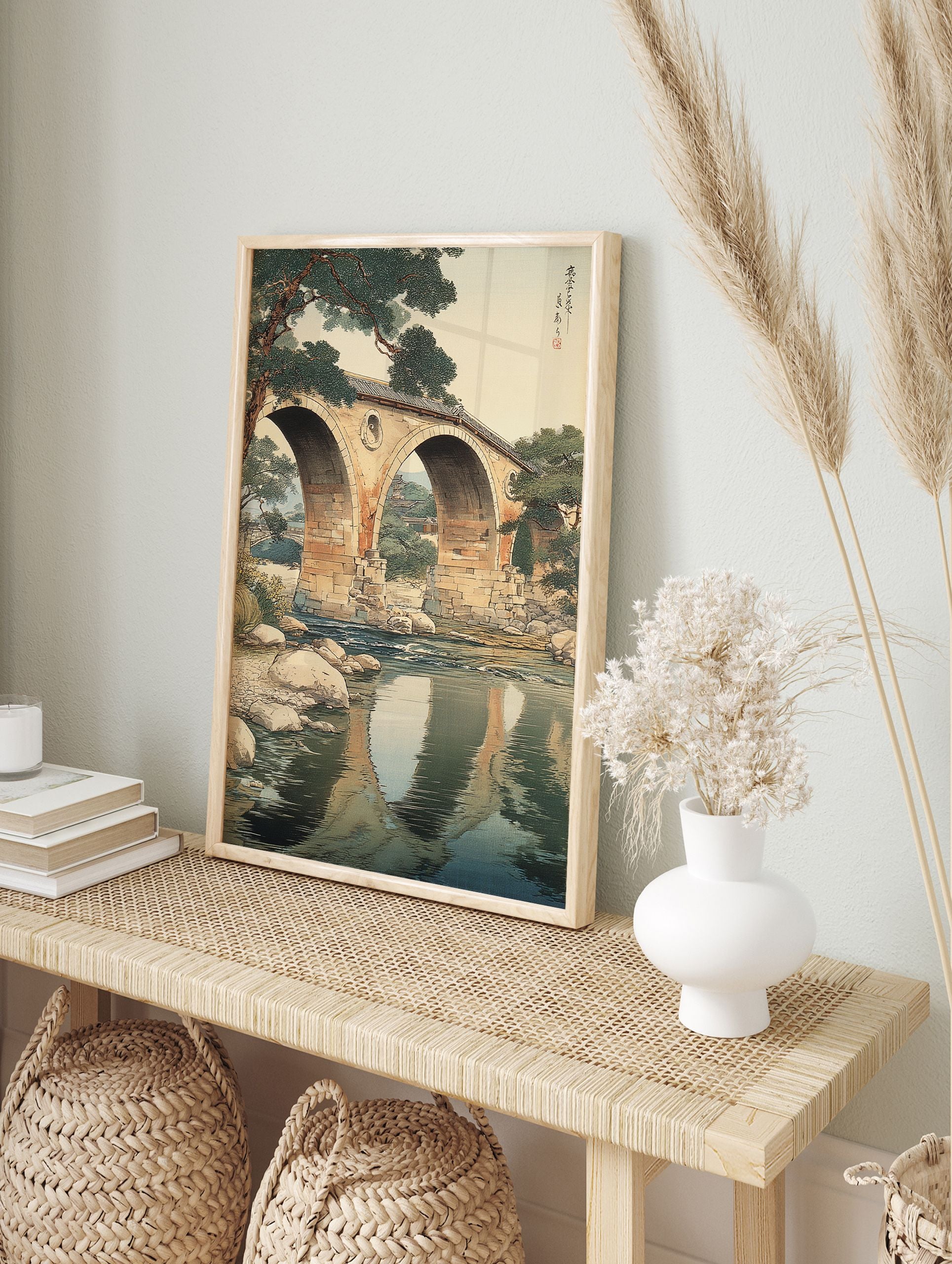 Japanese woodblock print of a stone arched bridge over a river with pine trees and reflections in traditional Ukiyo-e style. - Image 3