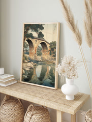 Japanese woodblock print of a stone arched bridge over a river with pine trees and reflections in traditional Ukiyo-e style. - Image 3