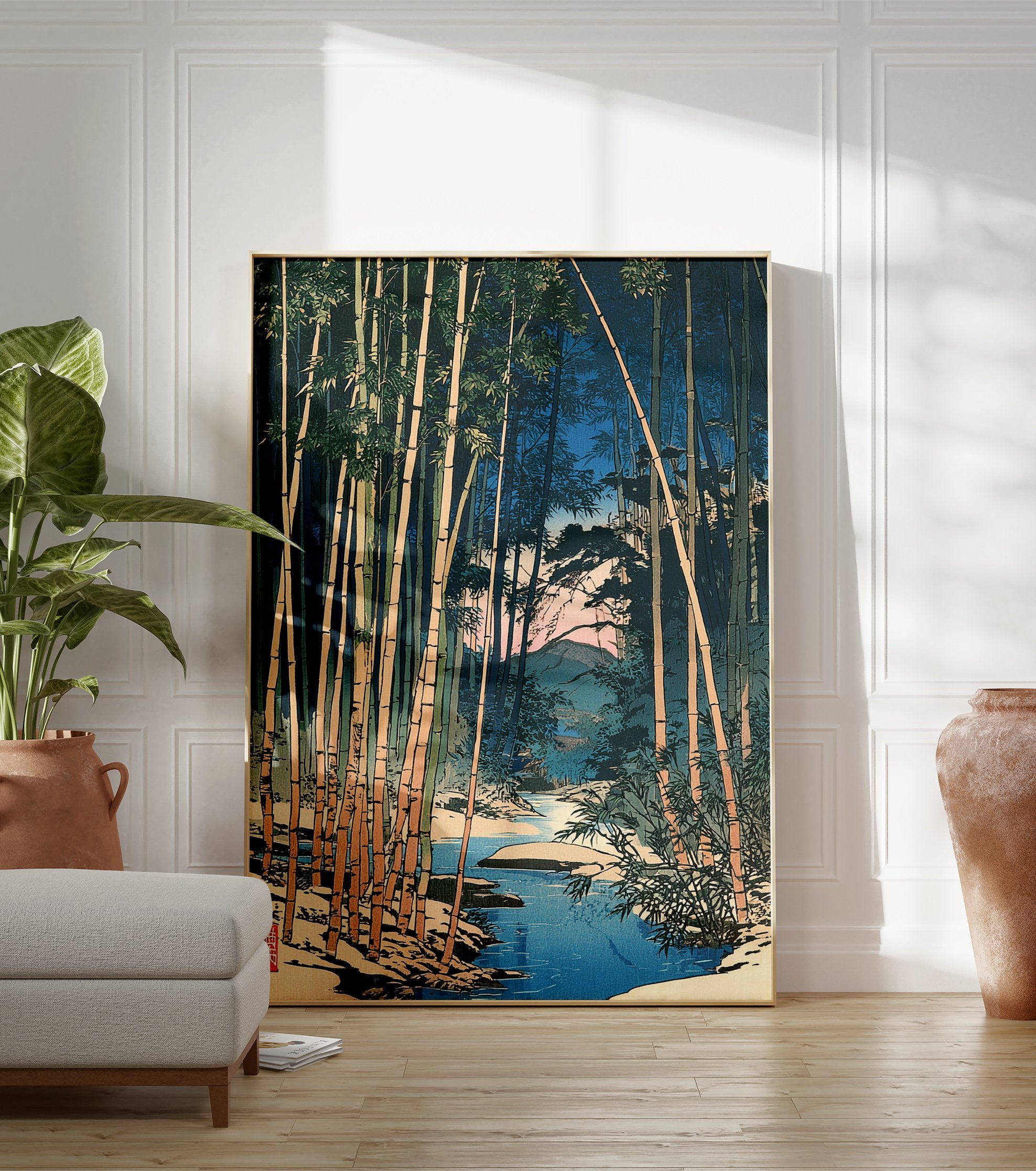 Japanese woodblock print of a serene bamboo forest in winter with a blue stream and snowy ground. - Image 3